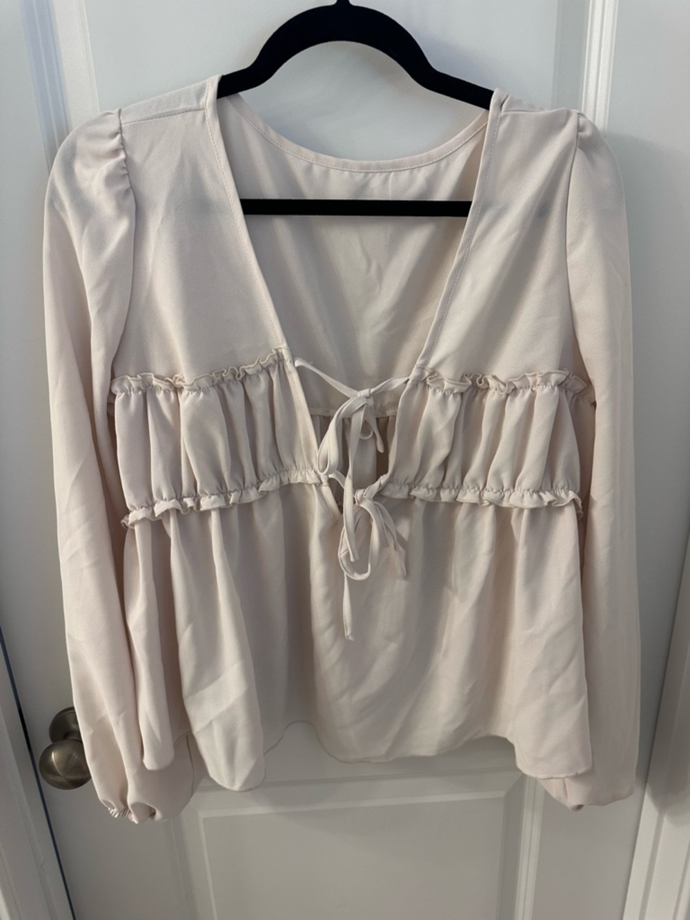 Cream Tie-Front Ruffle Long-Sleeve Blouse